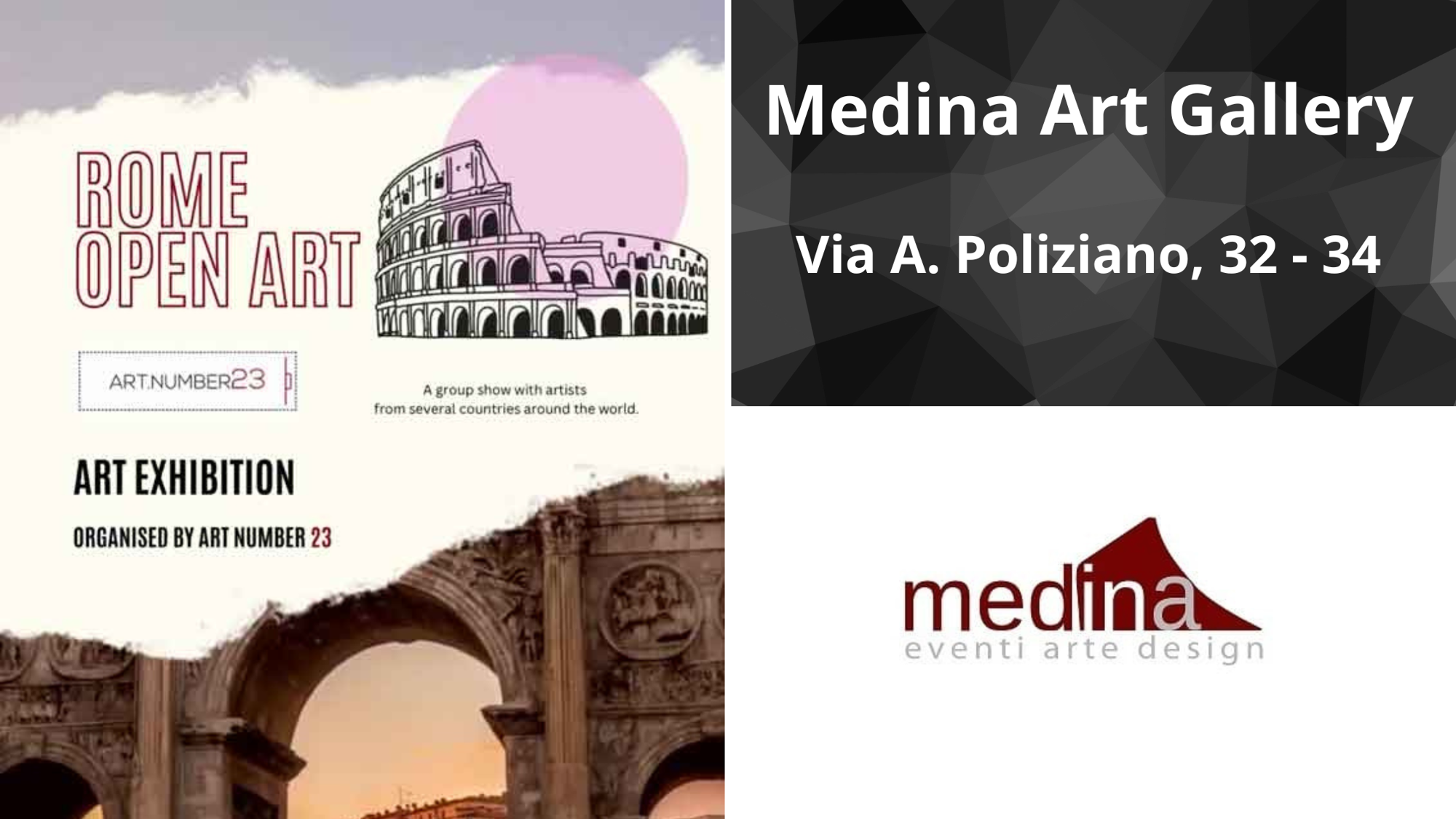 Rome Open Art, locandina e sede Medina Art Gallery, febbraio 2025